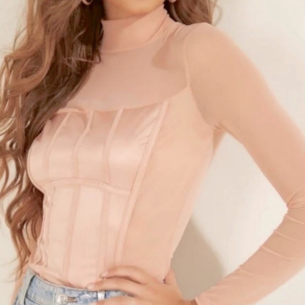 GUESS ELLE BUSTIER MESH & SATIN LONG SLEEVE BODYSUIT SHORTCAKE COLOR SZ L